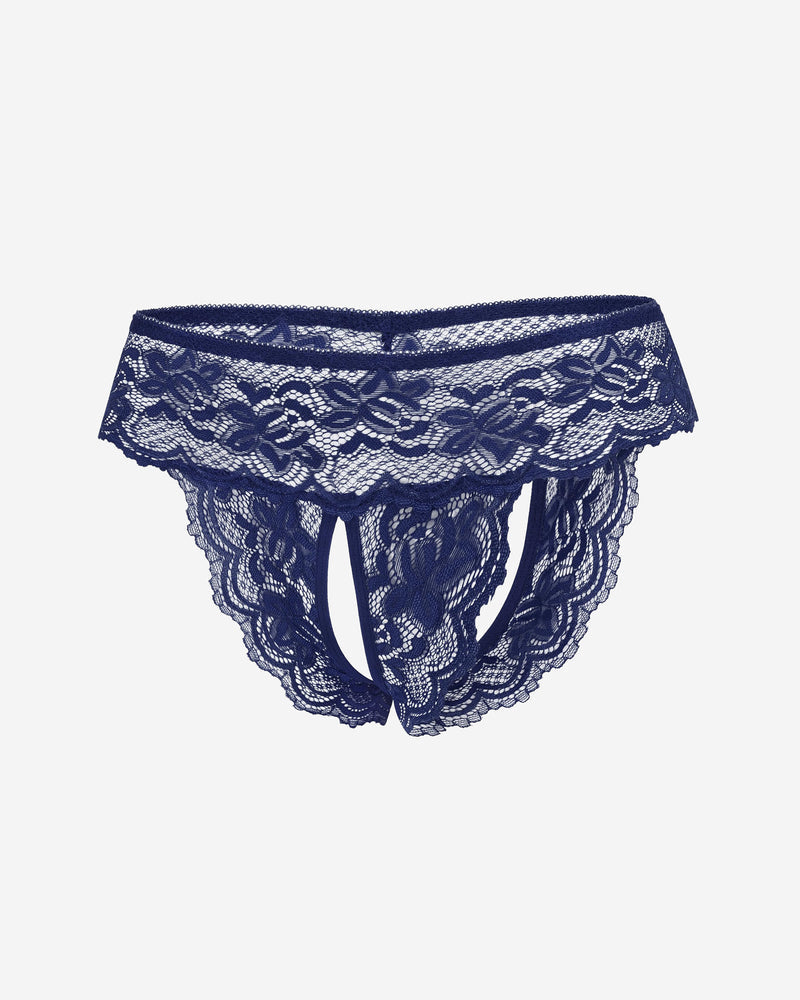 Navy blue lace low rise soft hipster panties, lace-covered back