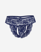 Navy blue lace low rise soft hipster panties, lace-covered back