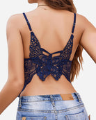 Lace spaghetti strap tank top, navy with intricate floral lace at the open back