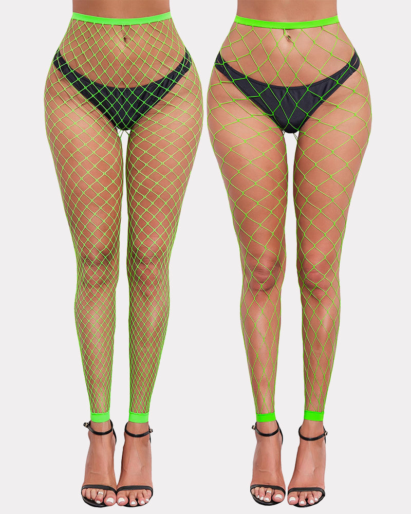 Neon green fishnet tights with diamond lattice and black high-waist brief panel