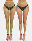 Neon green fishnet tights with diamond lattice and black high-waist brief panel