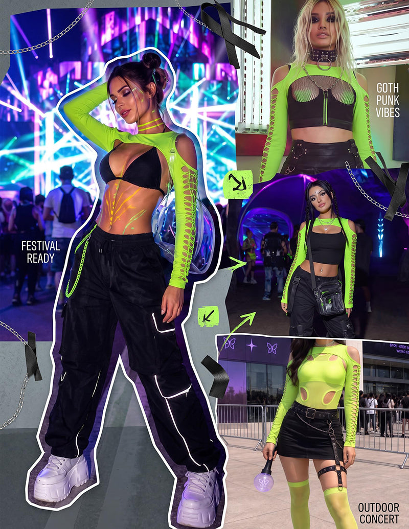 Neon green cut-out fishnet shrug crop top with long sleeves and lattice sleeve cutouts