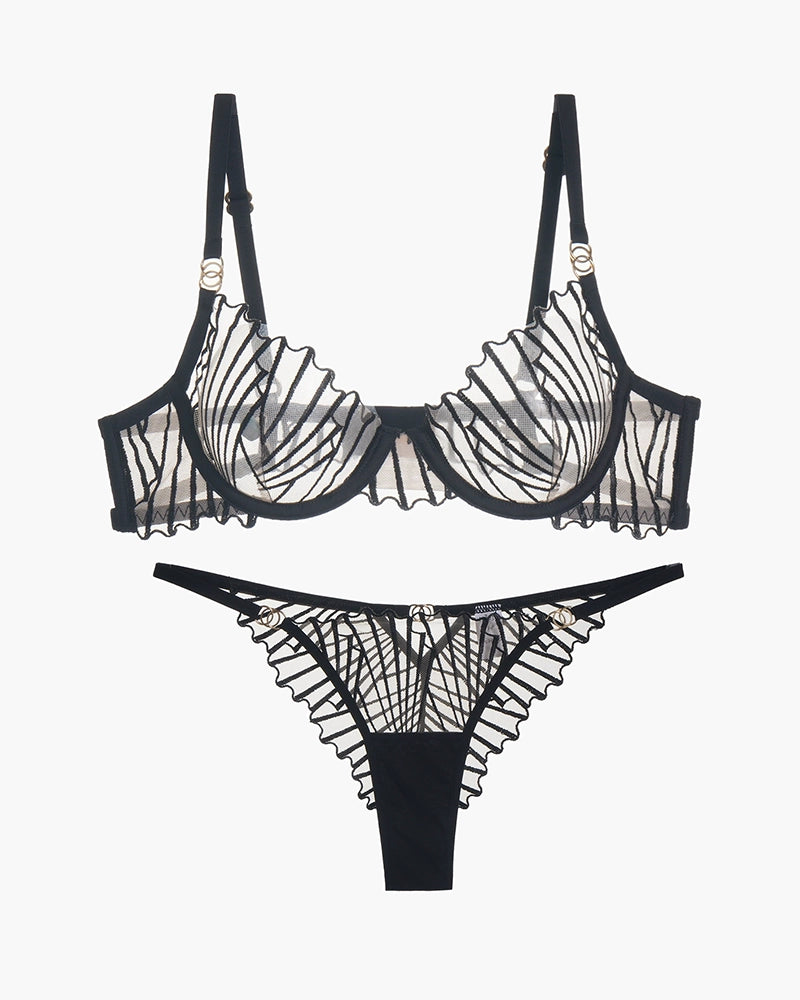 Black thin embroidered balconette bra and thong panty set with striped mesh and lace trim