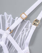 White thin embroidered bra straps with gold-tone rings and striped mesh cup