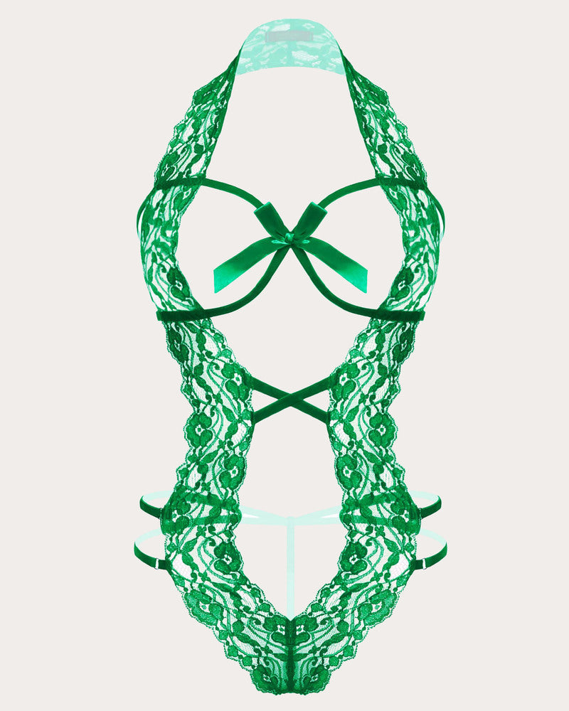 Green lace halter bodysuit with long drape sleeves and front bow detail