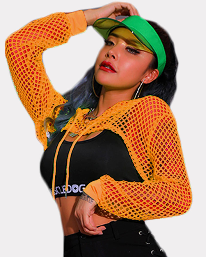 Orange mesh fishnet crop hoodie with hood, drawstring, long sleeves
