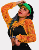 Orange mesh fishnet crop hoodie with hood, drawstring, long sleeves