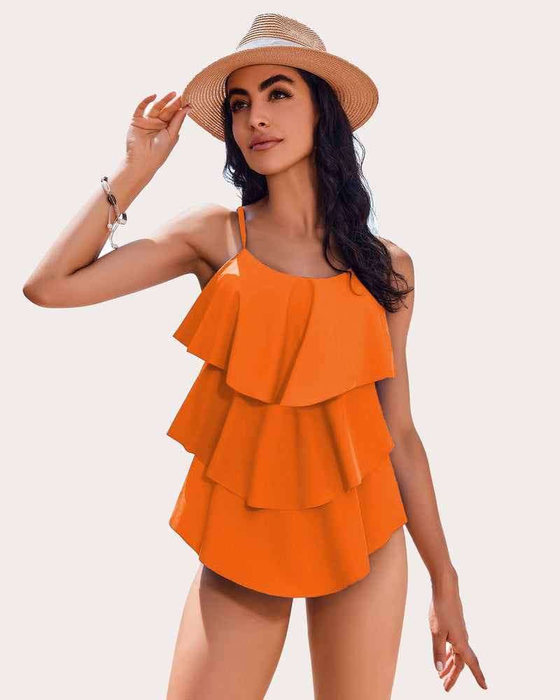 Orange ruffle layered two-piece swimsuit with tiered flutter top and thin straps