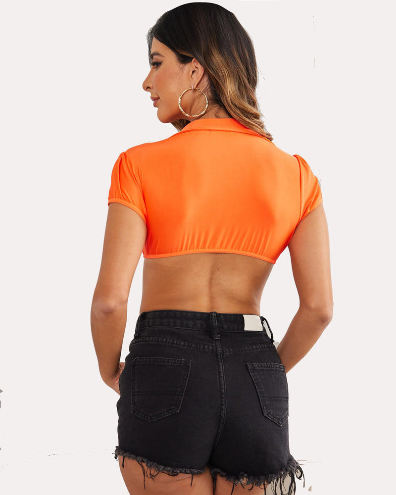 Orange tie-front crop top, short sleeves, back view