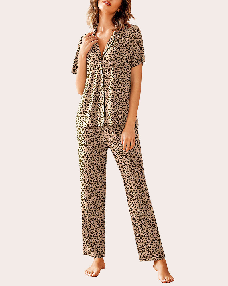 Leopard print pajama set with short-sleeve button-front shirt and long pants