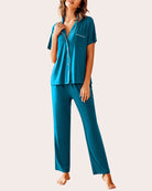 Teal pajama set with short-sleeve button shirt and long pants