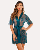 Teal floral sheer lace kimono robe with waist tie belt and lace sleeves