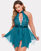 Plus size lace babydoll lingerie in teal with lace plunging bodice and ribbon bow skirt