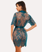 Teal floral sheer lace kimono robe, back view, waist tie belt and scalloped hem