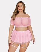 Plus size garter mesh set in pink, off-shoulder top and layered tulle mini skirt