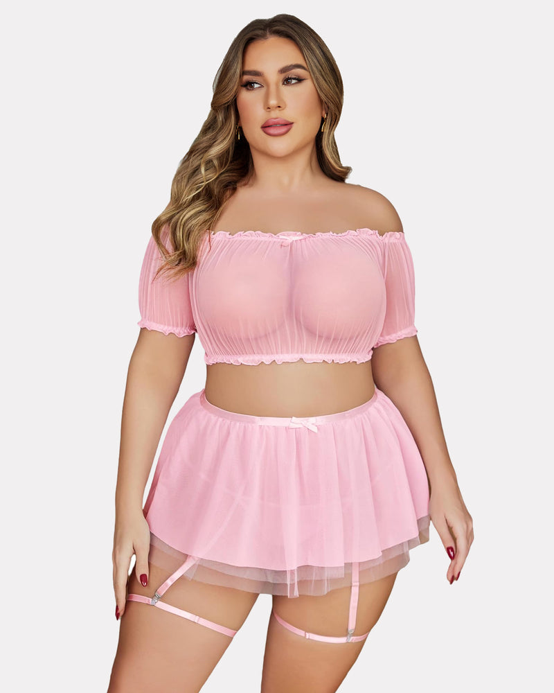 Plus size garter mesh set in pink, off-shoulder top and layered tulle mini skirt