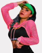 Pink mesh fishnet crop hoodie with hood, drawstring, long sleeves
