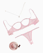 Cupless lace bra and panty lingerie set in blush pink with ruffle trim