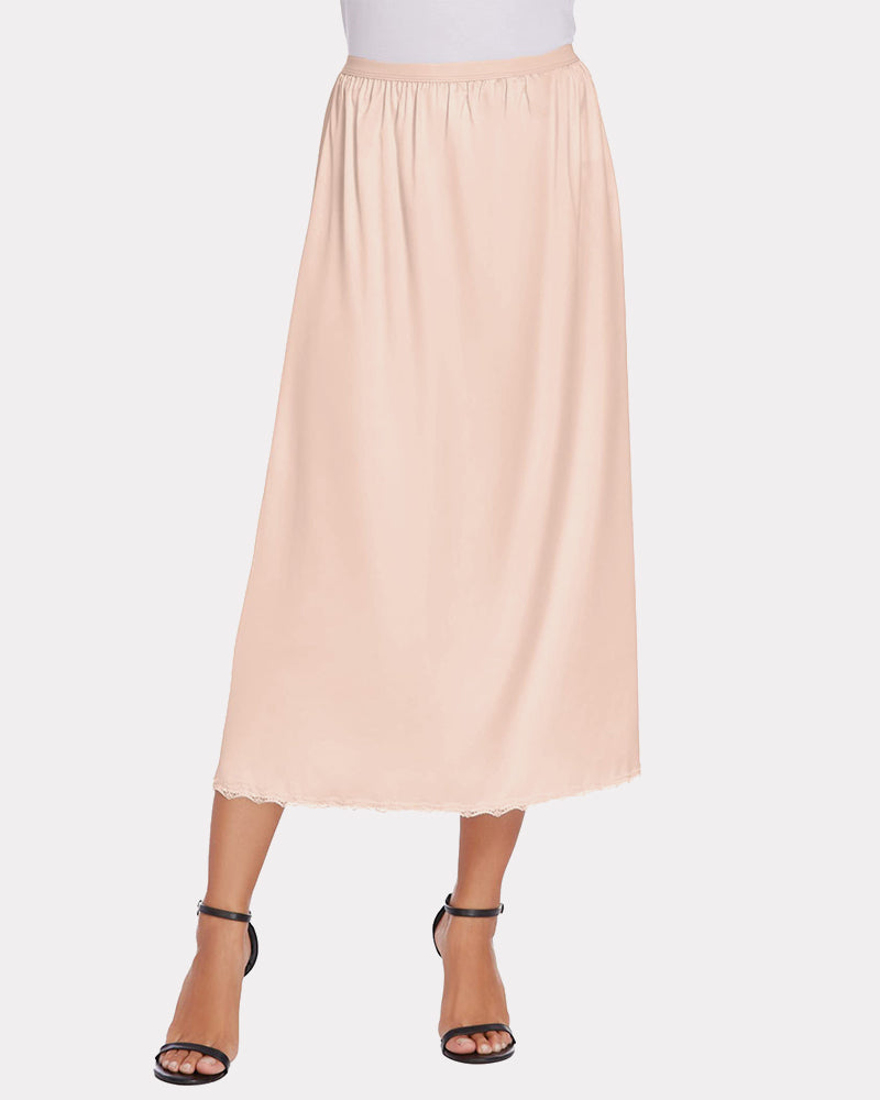 Champagne satin half slip long underskirt with elastic waist and lace-trim hem
