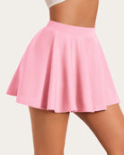 High waist A-line skirt in solid pink with pleated, flared skirt hem