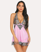 Pink mesh babydoll chemise with lace V-neck, scalloped hem, and waist bow