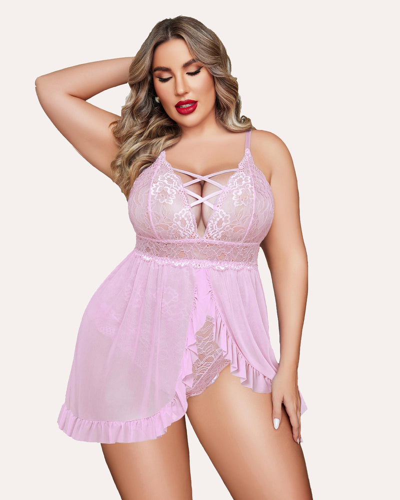 Lilac lace babydoll with crisscross strap neckline and ruffled sheer skirt, plus size