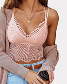 Light pink v-neck racerback crop top with scalloped lace trim and thin shoulder straps