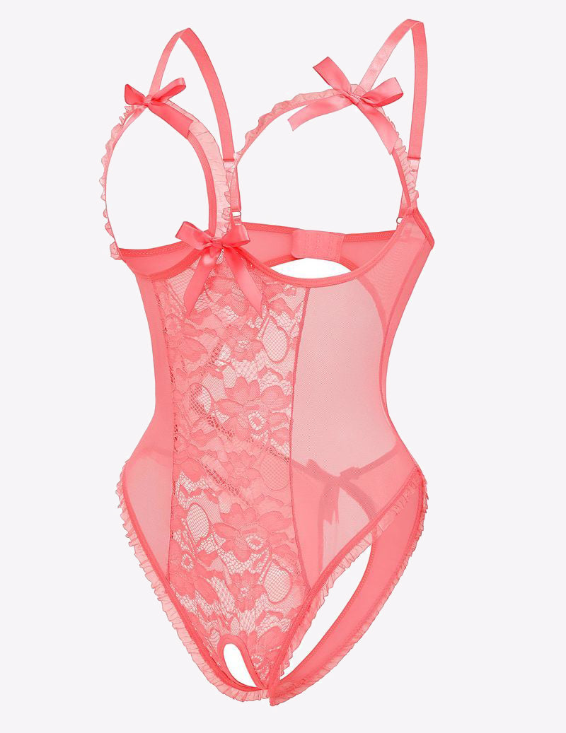 Pink lace cut-out cup bodysuit with bow straps and sheer lace front, thong back