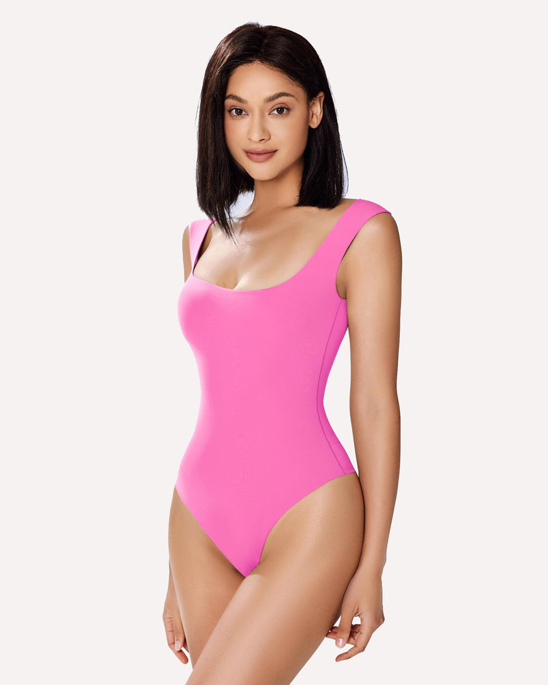 Square-neck sleeveless bodysuit, bright pink, smooth shaping thong bottom