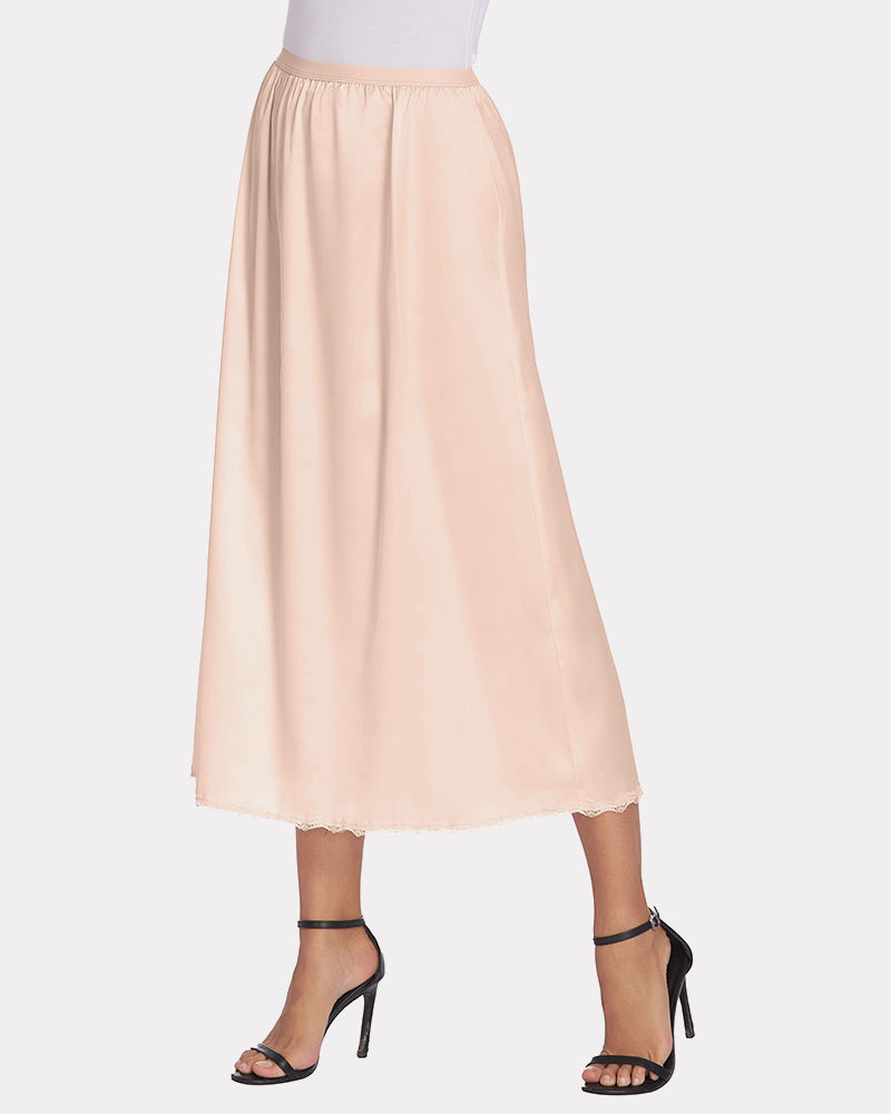 Light khaki satin half slip long underskirt with elastic waist and scalloped lace hem