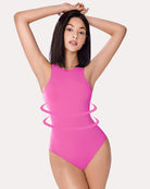 Pink sleeveless high-neck double-lined shapewear bodysuit, side twist view