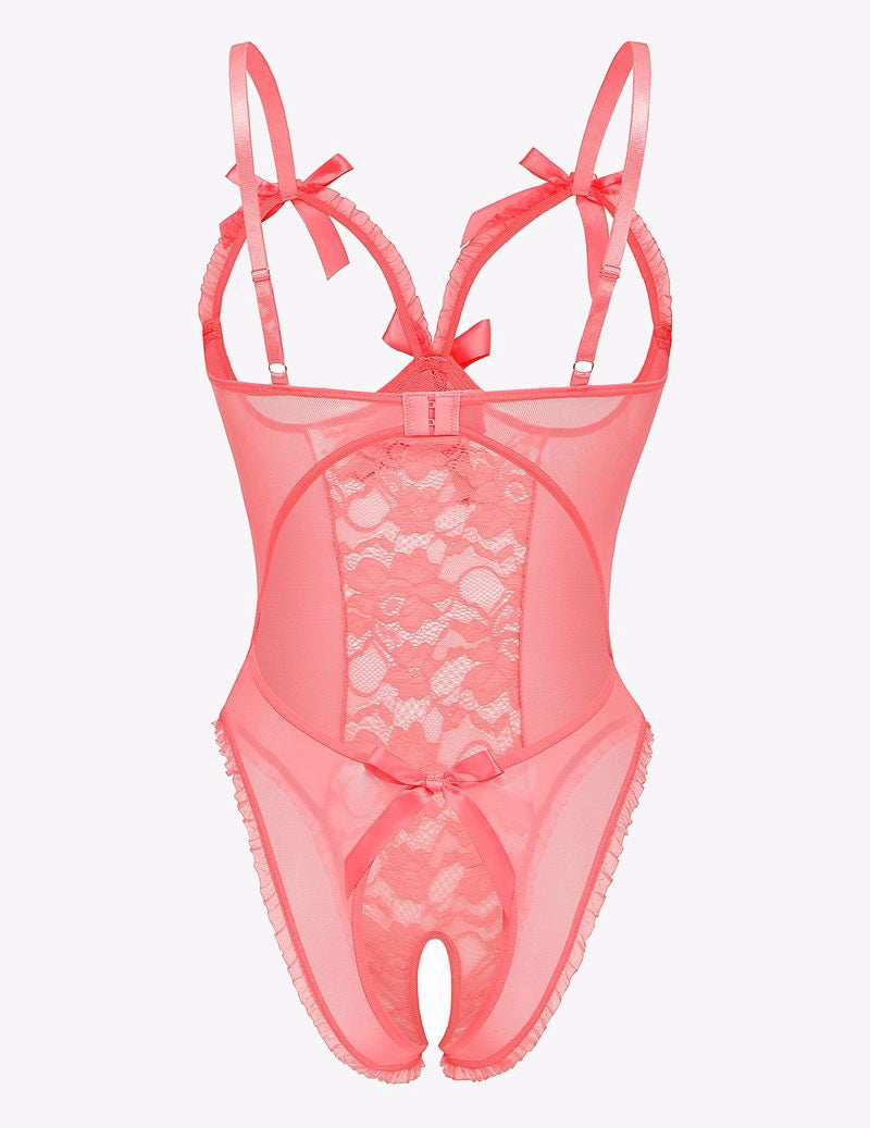 Pink lace cut-out cup bodysuit with sheer mesh panels and bow straps