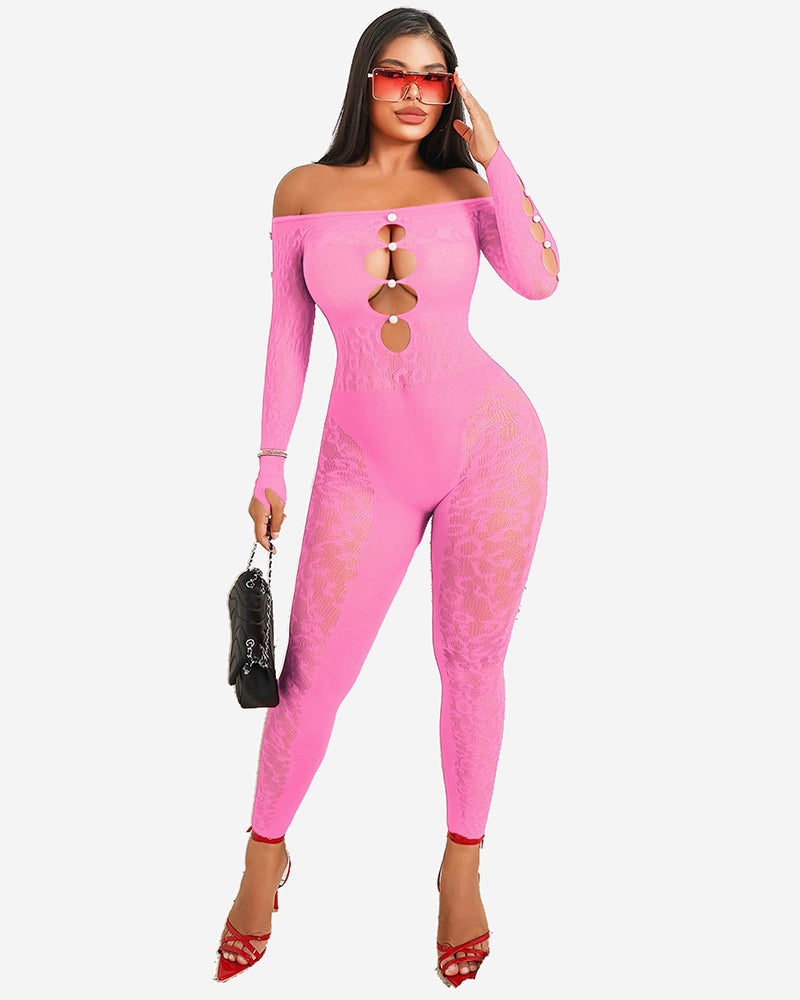 Pink fishnet off-shoulder bodysuit, long sleeves, gold ring accents, fitted lace panels