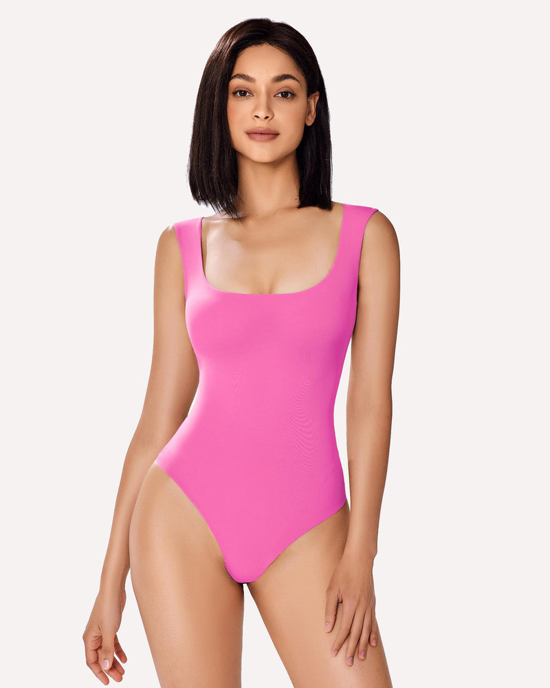 Pink square-neck double-lined bodysuit shapewear, sleeveless front view
