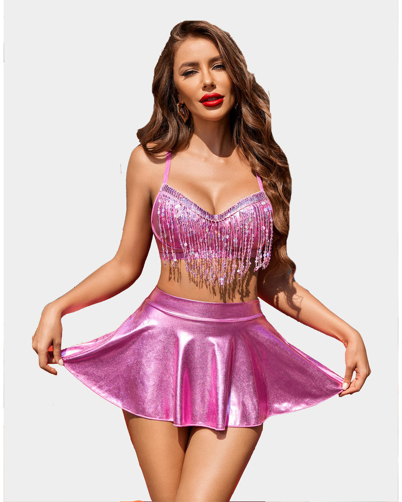Pink sequin fringe bralette top with matching shiny metallic pleated mini skirt set