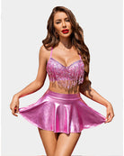 Pink sequin fringe bralette top with matching shiny metallic pleated mini skirt set