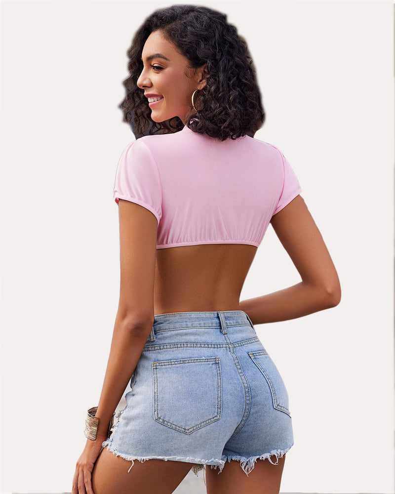 Pink ruched-back crop top with short sleeves and back seam