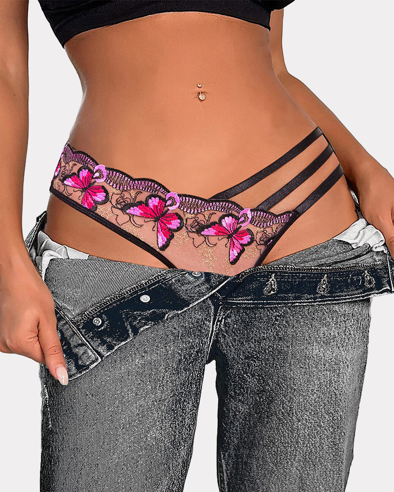 Mesh thong with black side straps and pink floral embroidery along the waistband