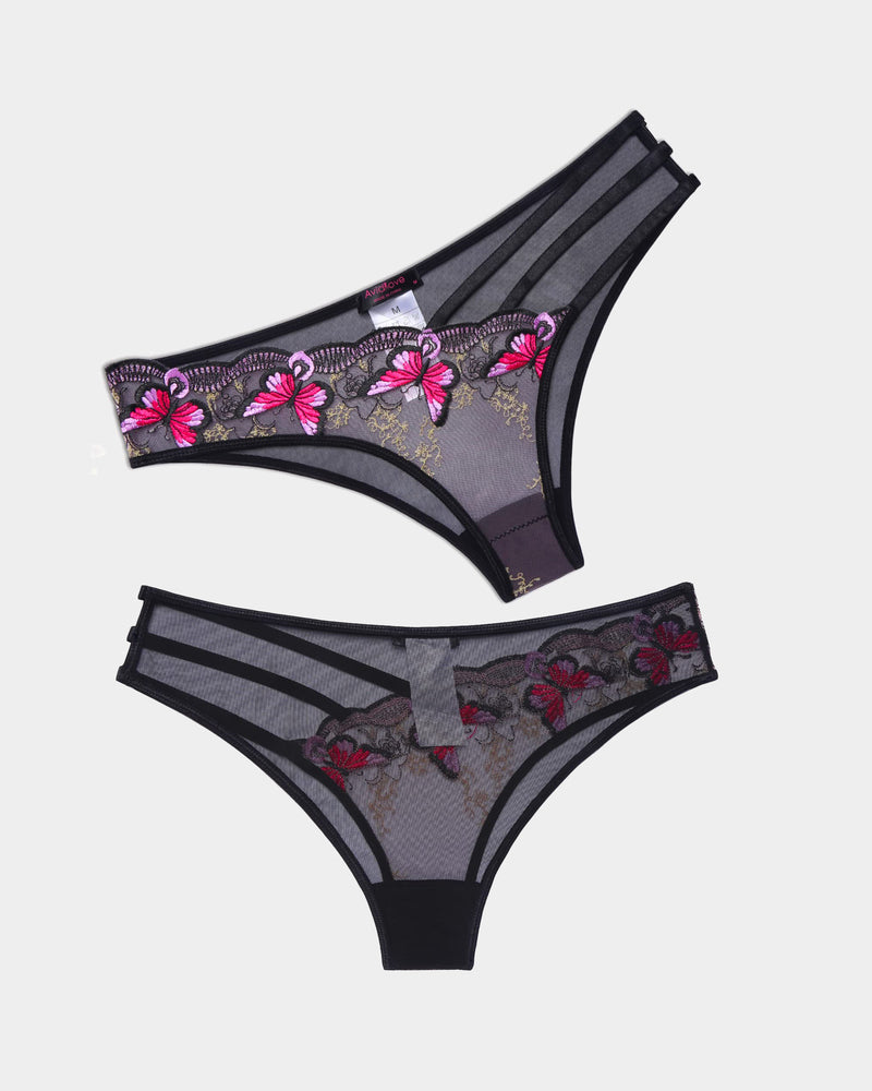 Purple mesh thong set with black side straps and pink floral embroidered lace