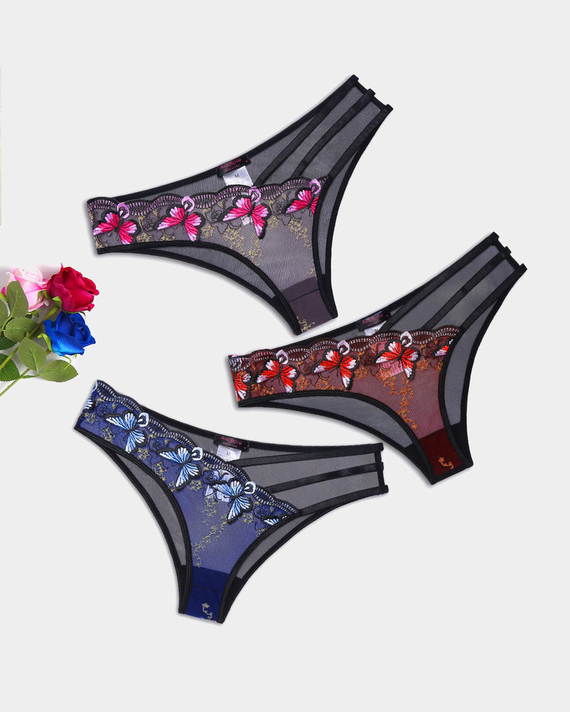 Set of mesh panties with butterfly embroidery in pink, blue, and dark tones