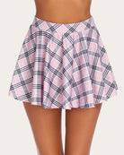 High-waist A-line skirt in pink and white plaid with flared silhouette