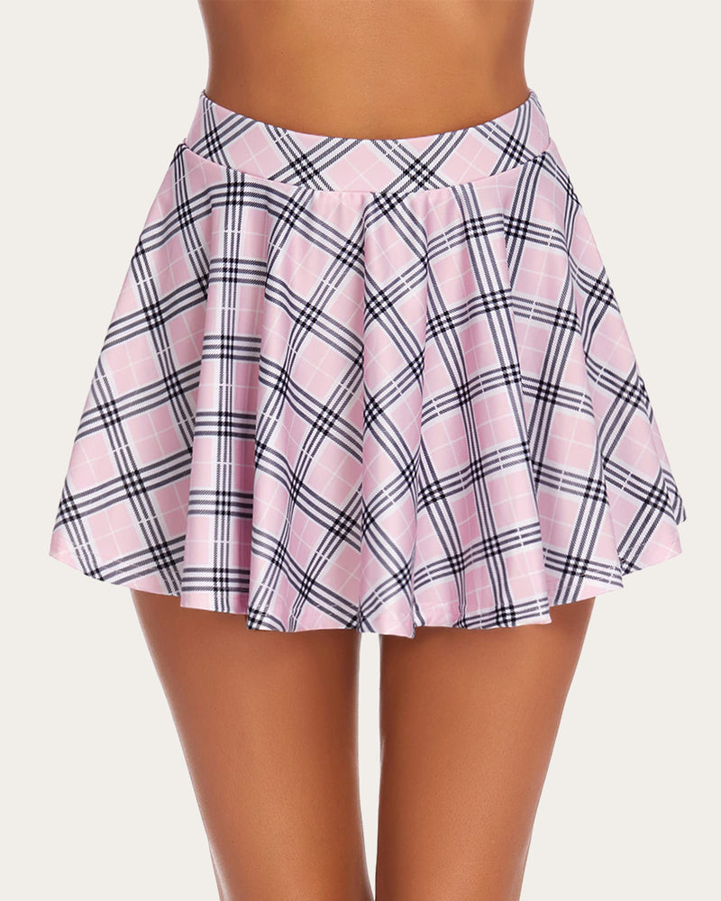 High-waist A-line skirt in pink and white plaid with flared silhouette