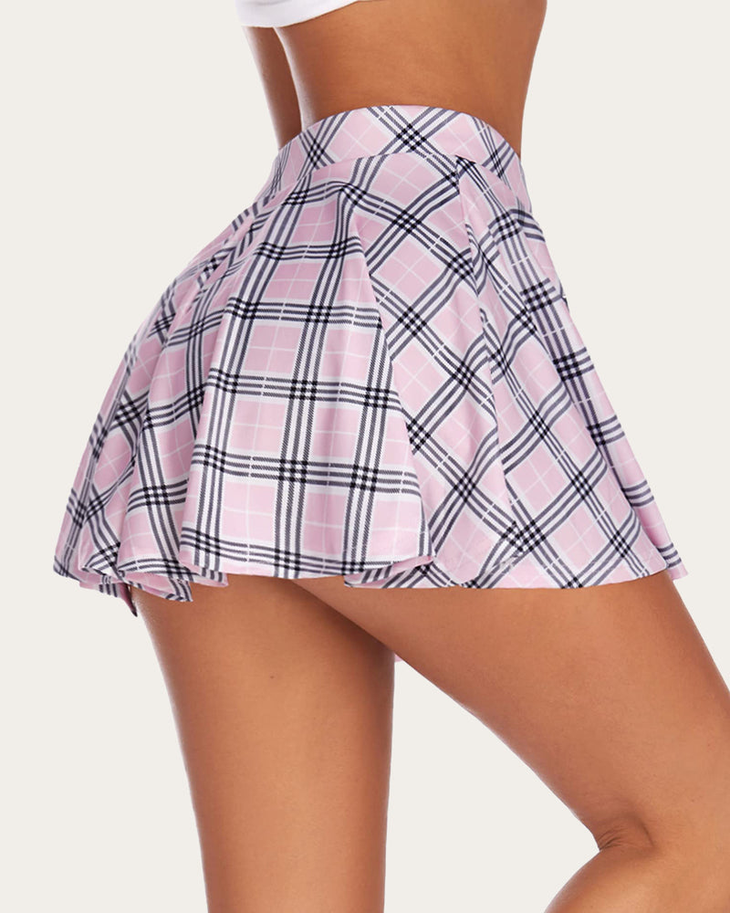High-waist A-line skirt in pale pink and black plaid, gathered at the waist