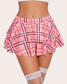 Pink plaid pleated mini ruffle lingerie skirt with layered tiered hem