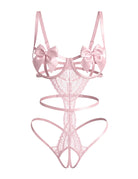 Pink floral lace teddy with satin bow underwire cups and strappy cutouts