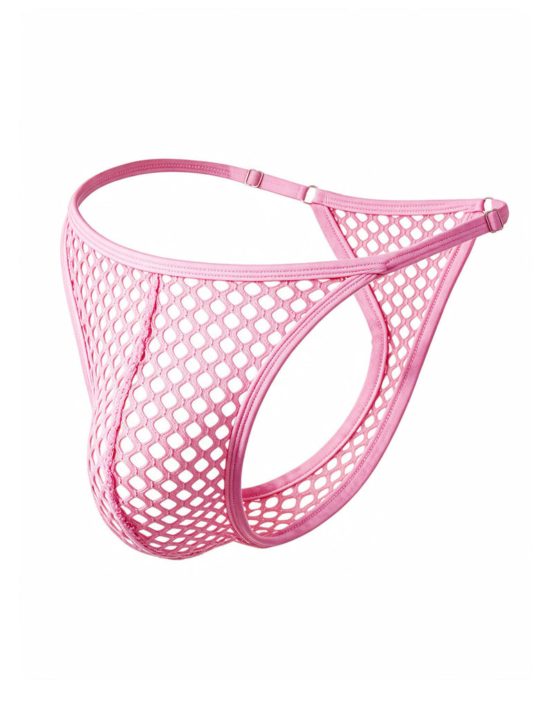 Pink fishnet mesh G-string thong with adjustable side straps