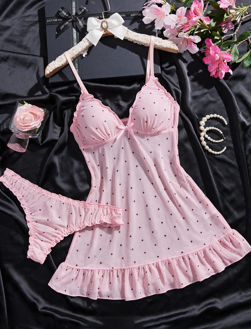 Pink sheer chiffon babydoll with black dots, bow detail, ruffle hem, and matching G-string
