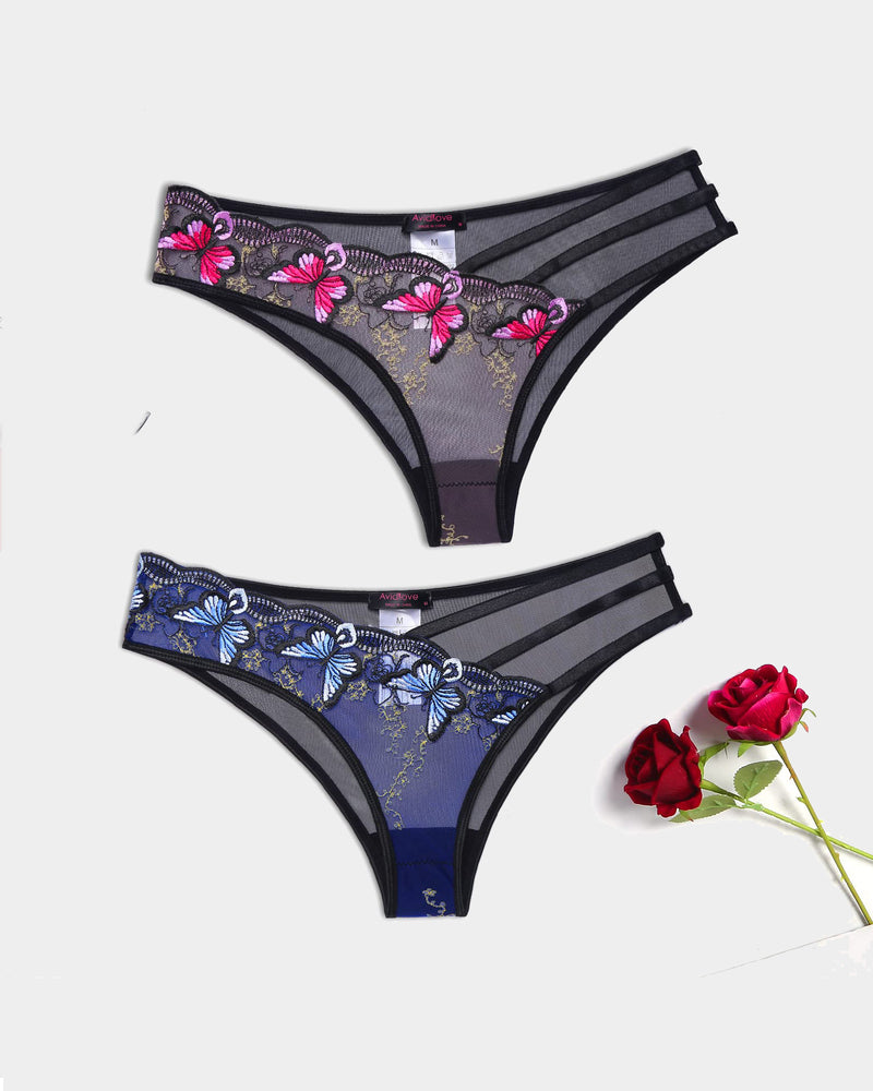 Purple and blue mesh thong set with black side straps and floral embroidery