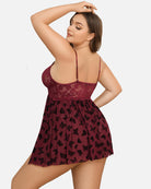 Plus size lace nightdress back view, wine red lace bodice with dark butterfly print skirt