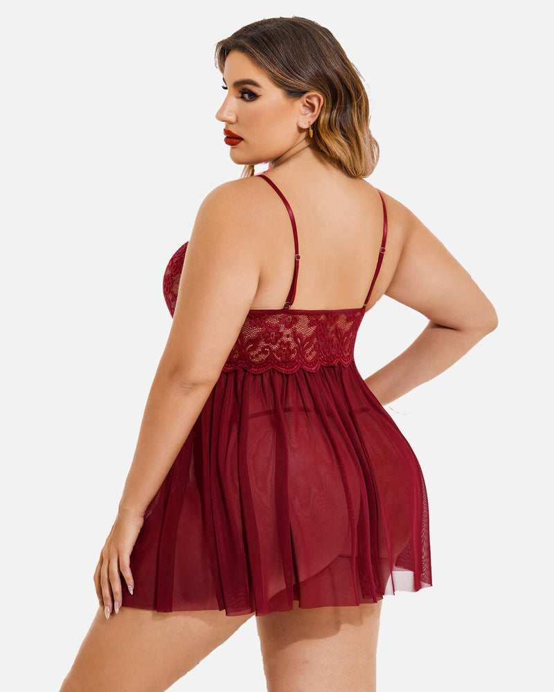 Red lace babydoll with back strappy straps and flowing sheer skirt
